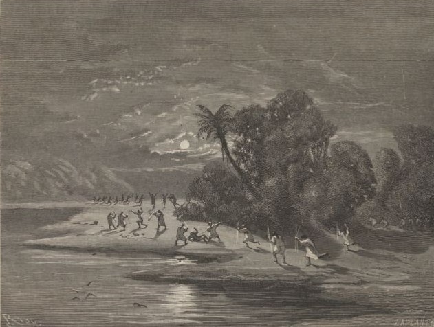 A drawing depicting Conibo warriors attacking Cashibo turtle hunters on a beach in Peru. The skies are dark and cloudy, and the beach has palm trees and other trees.