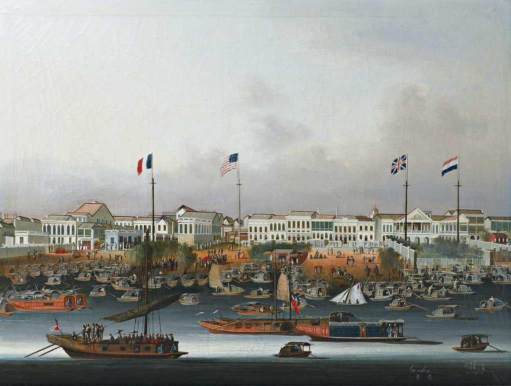 Oil on canvas painting showing harbour with many boats in it and white buildings in the background, all under a gray-ish sky. Four flags are also flying over the harbour.