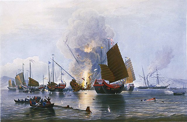 Painting of a naval battle - English ship destroying Chinese war junks