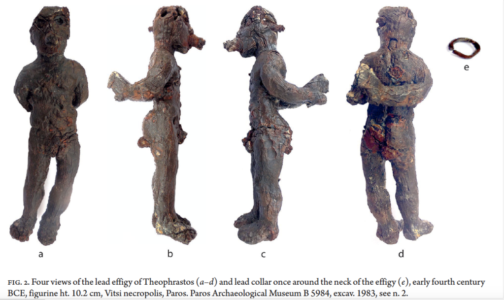 Four images of an effigy of a person with their arm bound behind their back. The images are taken from front, sides, and back. The image also contains a lead ring, that once acted as a collar around the neck of the individual.