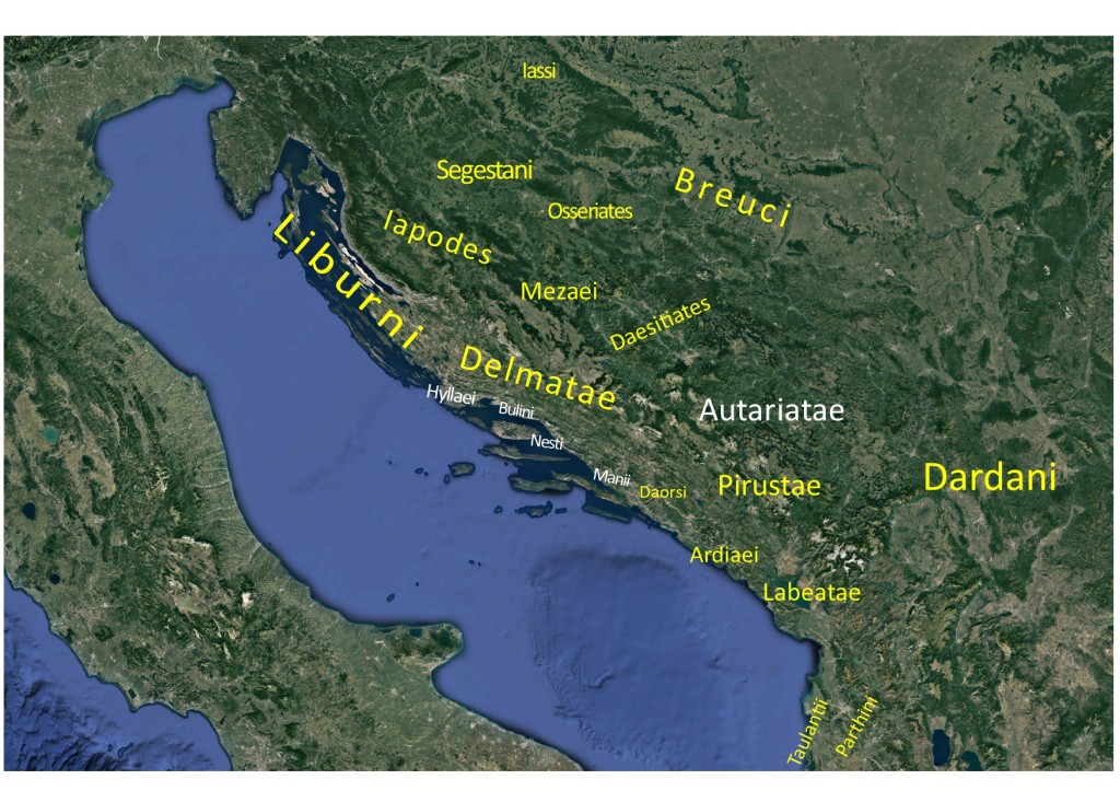 A google map of the region of Illyrian on which the author has indicated the ethnonyms associated with each region in yellow and white texts. 