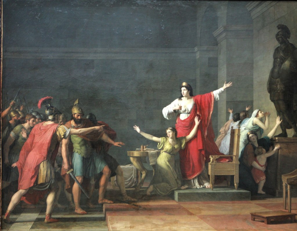 A painting in which the central figures are Cassandra and Olympias, who gesture towards a statue on the right side of the painting, as a group of soldiers approach them on the left. 