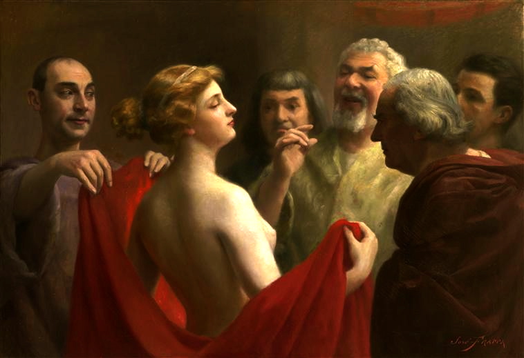 A woman holds a red cloak behind her, revealing her naked body. She is facing a group of men, one of whom is holding up her cloak.